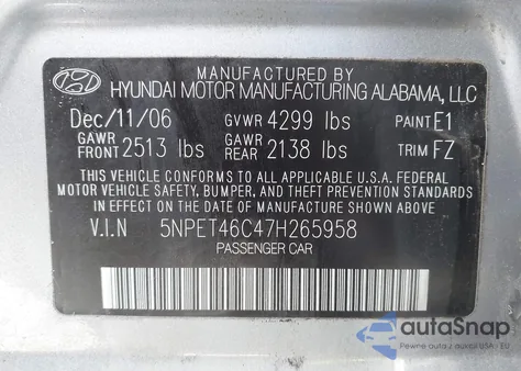 2007 Hyundai Sonata Gls from USA, damaged, VIN 5NPET46C47H265958